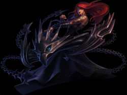 Rule 34 | 1girl, arm tattoo, black background, black dress, chain, collaboration, dress, from side, instrument, league of legends, long hair, looking at viewer, neck tattoo, official alternate costume, pentakill (league of legends), pentakill sona, red hair, shoulder tattoo, simple background, solo, sona (league of legends), spikes, tattoo, vegacolors, weapon