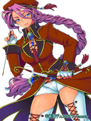 Rule 34 | 1girl, arrow (projectile), blue eyes, bow (weapon), braid, copyright name, cowboy shot, eroe, fingerless gloves, gloves, junketsu duelion, long hair, monica brandes, official art, pink hair, ponytail, short hair, simple background, single braid, solo, thighhighs, weapon, white background