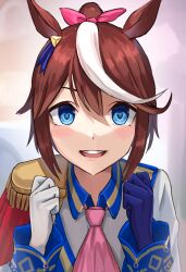 Rule 34 | 1girl, absurdres, animal ears, ascot, blue eyes, blush, bow, brown hair, collared shirt, double-parted bangs, ear ribbon, epaulettes, excited, gloves, hair bow, hands up, heart, heart-shaped pupils, high ponytail, highres, horse ears, long sleeves, looking at viewer, multicolored hair, open mouth, pink ascot, pink bow, shirt, single epaulette, single glove, smile, solo, streaked hair, symbol-shaped pupils, tetto (onnoveltet), tokai teio (umamusume), two-tone hair, umamusume, upper body, white hair, wing collar
