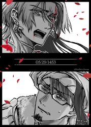 Rule 34 | 2boys, artist name, blood, blood on face, constantine xi (fate), curtained hair, dated, earrings, facial hair, fate/grand order, fate (series), fur trim, glasses, hair between eyes, highres, jewelry, long hair, looking at another, male focus, mehmed ii (fate), monochrome, multiple boys, petals, purupuru hanage, short hair, simple background, split screen, stubble, turban, upper body, white background