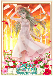 Rule 34 | 1girl, absurdres, alice carroll, aria (manga), bare arms, blue eyes, blush, character name, collarbone, dress, english text, eyelashes, field, flower, flower field, frilled dress, frilled straps, frills, full body, green hair, hair between eyes, happy birthday, hat, highres, lips, long dress, long hair, looking away, looking to the side, raised eyebrows, see-through silhouette, sleeveless, sleeveless dress, solo, straight hair, straw hat, sun hat, sundress, sunset, telaform, twilight, white dress, wind turbine, windmill