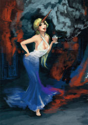 Rule 34 | 1girl, alcohol, bare shoulders, blonde hair, blue dress, breasts, cleavage cutout, clothing cutout, cup, dress, drinking glass, female focus, formal, glass, halterneck, hand on own hip, horns, hoshiguma yuugi, leaning forward, medium breasts, open mouth, red eyes, single horn, solo, tongue, touhou, trnth, wine, wine glass