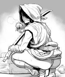 Rule 34 | 1girl, absurdres, bandaged arm, bandaged foot, bandages, barefoot, breath, costume request, cup, fundoshi, greyscale, highres, ichiren takushou, japanese clothes, katana, looking at viewer, monochrome, original, samurai, short hair, sword, tagme, teacup, teapot, weapon
