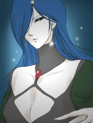 Rule 34 | 1girl, android, blue eyes, blue hair, breasts, cleavage, earrings, face, ginga tetsudou 999, hair ornament, hairclip, jewelry, joka (hiwai), large breasts, long hair, matching hair/eyes, pale skin, ryuzu, solo