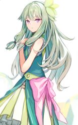 Rule 34 | 1girl, absurdres, bare shoulders, bow, dress, frills, green dress, green hair, green hairband, hair between eyes, hair ornament, hairband, highres, kusanagi nene, leaf hair ornament, long hair, looking at viewer, parted lips, peno, project sekai, purple eyes, sleeveless, sleeveless dress, solo, standing, striped clothes, striped dress, vertical-striped clothes, vertical-striped dress, very long hair, wonderlands x showtime (project sekai)