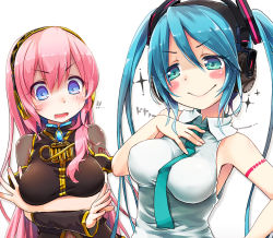Rule 34 | !, !!, 2girls, alternate breast size, aqua eyes, aqua hair, asymmetrical sleeves, bare arms, bare shoulders, black detached sleeves, blue eyes, blush, blush stickers, breast hold, breasts, brooch, collared shirt, detached sleeves, female focus, gem, hair between eyes, hand on own chest, hatsune miku, jewelry, kuromaru9, large breasts, long hair, looking at another, looking at viewer, megurine luka, multiple girls, necktie, open mouth, pink hair, blue gemstone, shirt, single sleeve, sleeveless, sleeveless shirt, sleeveless turtleneck, smile, sparkle, surprised, sweatdrop, tattoo, turtleneck, twintails, uneven sleeves, upper body, very long hair, vocaloid, lat model (mikumikudance)