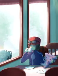 Rule 34 | 1boy, absurdres, bad id, bad twitter id, baseball cap, blue jacket, calem (pokemon), chair, commentary request, creatures (company), cup, drinking, espurr, eyewear on headwear, furfrou, furfrou (natural), game freak, gen 6 pokemon, grey eyes, hand up, hat, highres, holding, holding cup, indoors, jacket, kyuryuu anuma, long sleeves, looking outside, male focus, nintendo, plate, pokemon, pokemon (creature), pokemon xy, red headwear, saucer, short hair, sunglasses, table, turtleneck, turtleneck jacket, window