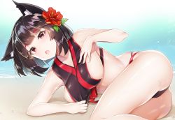 Rule 34 | 1girl, absurdres, adapted costume, animal ear fluff, animal ears, ass, azur lane, bad id, bad twitter id, beach, bikini, bikini tug, black hair, blurry, blurry background, blush, breasts, cameltoe, cat ears, collarbone, day, fang, flower, hair flower, hair ornament, highres, large breasts, looking at viewer, lying, ocean, on side, open mouth, outdoors, red eyes, sand, short eyebrows, short hair, sideboob, skindentation, solo, swimsuit, thighs, wet, yamashiro (azur lane), yayoichi (yoruyoru108)