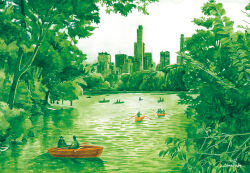 Rule 34 | 6+others, artworksmil, boat, building, central park (new york), city, multiple others, new york city, original, painting (medium), park, plant, pond, realistic, scenery, skyscraper, traditional media, watercolor (medium), watercraft