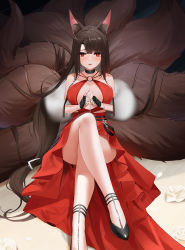 Rule 34 | 1girl, akagi (azur lane), akagi (ruby-laced beauty) (azur lane), animal ears, azur lane, bare legs, bare shoulders, black choker, black footwear, black gloves, breasts, brown hair, brown tail, champagne flute, choker, commentary request, crossed legs, cup, dress, drink, drinking glass, evening gown, feather boa, fingerless gloves, foot out of frame, fox ears, fox girl, fox tail, frilled dress, frills, gloves, highres, holding, holding cup, holding drink, large breasts, long hair, multiple tails, o-ring, official alternate costume, parted lips, qing wu, red dress, red eyes, sitting, sleeveless, sleeveless dress, smile, solo, swept bangs, tail, very long hair