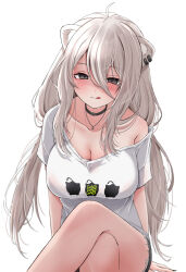 Rule 34 | 1girl, ahoge, animal ears, black choker, black nails, black shorts, blush, breasts, choker, cleavage, closed mouth, collarbone, commentary, crossed legs, drooling, ear piercing, empty eyes, feet out of frame, grey hair, hair between eyes, highres, hololive, jewelry, large breasts, licking lips, lion ears, lion girl, long hair, looking at viewer, nail polish, necklace, nerorigogo, off shoulder, official alternate costume, piercing, saliva, shaded face, shirt, shishiro botan, shishiro botan (casual), short shorts, short sleeves, shorts, sidelocks, simple background, single bare shoulder, sitting, smile, solo, ssrb (shishiro botan), t-shirt, tongue, tongue out, virtual youtuber, white background, white shirt