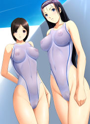 Rule 34 | 2girls, black hair, blue eyes, blush, breasts, collarbone, competition swimsuit, covered navel, dragon@harry, female focus, female pubic hair, hairband, highleg, highleg swimsuit, highres, impossible clothes, impossible swimsuit, large breasts, long hair, looking at viewer, multiple girls, navel, nipples, one-piece swimsuit, original, pubic hair, purple eyes, purple hair, see-through, see-through swimsuit, skin tight, swimsuit