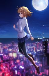Rule 34 | 1girl, absurdres, antenna hair, arcueid brunestud, black pantyhose, blonde hair, blue skirt, blurry, boots, bowlp, breasts, brown footwear, chromatic aberration, city, city lights, cityscape, depth of field, floating, from behind, full moon, glint, hand up, highres, horizon, jewelry, knee boots, light particles, looking at viewer, looking back, miniskirt, moon, moonlight, necklace, night, night sky, ocean, pantyhose, profile, red eyes, short hair, skirt, sky, smile, solo, sweater, tsukihime, tsukihime (remake), turtleneck, turtleneck sweater, white sweater