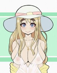 Rule 34 | 1girl, blonde hair, blue eyes, blush, breasts, cleavage, closed mouth, collarbone, dress, green background, hat, jewelry, k-on!, kotobuki tsumugi, large breasts, lips, long hair, looking at viewer, necklace, nipples, see-through, see-through dress, smile, solo, sweat, thick eyebrows, upper body, wet, wet clothes, wet dress, white dress, white hat, young savage