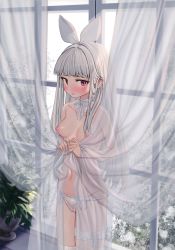 Rule 34 | 1girl, absurdres, blunt bangs, blush, bow, bow panties, bowtie, breasts, bridal garter, cameltoe, choker, collarbone, cowboy shot, curtain grab, curtains, day, eyelashes, fingernails, grey bow, grey bowtie, groin, hair bow, hairband, highres, indoors, lace, lace choker, legs together, long hair, looking at viewer, luicent, navel, nipples, non-web source, open mouth, original, panties, pink eyes, plant, potted plant, scan, sidelocks, silver hair, small breasts, solo, standing, stomach, thighhighs, topless, tree, underwear, white bow, white choker, white hairband, white thighhighs, window