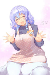Rule 34 | 1girl, :d, ^ ^, absurdres, alternate costume, apron, blue hair, blush, breasts, closed eyes, closed eyes, female focus, gradient hair, highres, kindergarten teacher, kokka han, large breasts, letty whiterock, multicolored hair, name tag, open mouth, plump, purple hair, short hair, sitting, smile, solo, touhou, two-tone hair, wariza