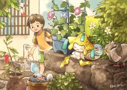 Rule 34 | 1boy, backpack, bag, brown bag, brown hair, bubble, chimecho, commentary request, creatures (company), faucet, flower pot, game freak, gen 1 pokemon, gen 3 pokemon, gen 5 pokemon, green shorts, holding, in pot, jirachi, joltik, leaf, legendary pokemon, male focus, matsuri (matsuike), mythical pokemon, nintendo, open mouth, pidove, plant, pokemon, pokemon (creature), poliwag, potted plant, shirt, short hair, short sleeves, shorts, smile, squirtle, standing, stone wall, t-shirt, teeth, themed object, upper teeth only, wall, watering can