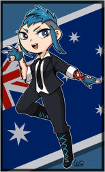 Rule 34 | 1girl, australian flag, blue eyes, blue gloves, blue hair, boots, fang, fingerless gloves, flag, formal, gloves, looking at viewer, matching hair/eyes, mohawk, payday (series), payday 2, smile, solo, suit, sydney (payday), tattoo, wagum ra