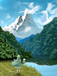 Rule 34 | 1girl, ahoge, blue hair, blue sky, boots, brown footwear, daifuku (yukihana lamy), day, facing away, floating hair, forest, from behind, half updo, hat, heart, heart ahoge, highres, hololive, long hair, mikan (chipstar182), mountain, nature, outdoors, pantyhose, river, scenery, sky, solo, very long hair, virtual youtuber, white hat, white pantyhose, wide shot, yukihana lamy