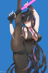 Rule 34 | 1girl, absurdres, between breasts, bikini, black bikini, black gloves, black hair, black hat, black pantyhose, blue background, breasts, covered navel, fate/grand order, fate (series), fingerless gloves, gloves, hat, highres, large breasts, leg up, long hair, looking at viewer, multicolored hair, neckerchief, pantyhose, peaked cap, police hat, ponytail, purple hair, purple neckerchief, riyu (gauzama), see-through, sessyoin kiara, sessyoin kiara (swimsuit mooncancer), sessyoin kiara (swimsuit mooncancer) (second ascension), shaded face, shirt, signature, simple background, smile, solo, split, standing, standing on one leg, standing split, streaked hair, string bikini, swimsuit, torn clothes, torn pantyhose, traffic baton, very long hair, white background, yellow eyes