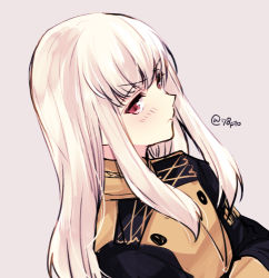 Rule 34 | 1girl, bad id, bad twitter id, closed mouth, commission, fire emblem, fire emblem: three houses, garreg mach monastery uniform, grey background, long hair, lowres, lysithea von ordelia, naho (pi988y), nintendo, pink eyes, simple background, solo, twitter username, uniform, upper body, white hair