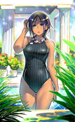 Rule 34 | 1girl, absurdres, blue sky, commentary request, competition swimsuit, cowboy shot, dark-skinned female, dark skin, day, dripping, eyes visible through hair, goggles, goggles around neck, highres, indoors, multicolored eyes, multicolored hair, one-piece swimsuit, original, parted bangs, plant, pool, short hair, sidelocks, sky, solo, swimsuit, twinpoo, water drop, window
