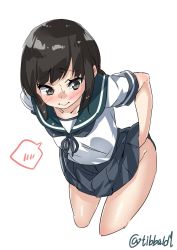 Rule 34 | 10s, 1girl, bad id, bad twitter id, black eyes, black hair, blue skirt, blush, closed mouth, collarbone, cowboy shot, cropped legs, ebifurya, fubuki (kancolle), groin, hand in skirt, hand under clothes, highres, inactive account, kantai collection, leaning forward, no panties, pleated skirt, ponytail, school uniform, serafuku, short sleeves, simple background, skirt, solo, speech bubble, spoken blush, sweat, twitter username, white background