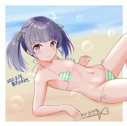 Rule 34 | 1girl, ame-san, beach, bikini, blunt bangs, breasts, commentary request, cowboy shot, dated, grey eyes, grey hair, highres, kantai collection, looking at viewer, lying, ooshio (kancolle), short hair, side-tie bikini bottom, small breasts, solo, striped bikini, striped clothes, swimsuit, twitter username