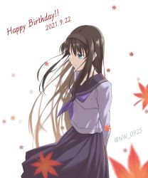 Rule 34 | 1girl, 2021, arms behind back, autumn leaves, black hair, black hairband, blouse, blue eyes, blue neckerchief, blue sailor collar, blue shirt, blue skirt, closed mouth, commentary request, dated, english text, floating hair, hairband, happy birthday, highres, leaf, long hair, long sleeves, looking away, neckerchief, nw 0925, sailor collar, school uniform, serafuku, shirt, skirt, smile, solo, tohno akiha, tsukihime, tsukihime (remake), twitter username, uniform, very long hair, white background