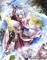 Rule 34 | 1girl, blue sky, blunt bangs, breasts, brown skirt, capelet, castle, company name, dual wielding, dutch angle, eyepatch, gauntlets, holding, holding sword, holding weapon, looking at viewer, medium breasts, motion blur, nabe (crow&#039;s head), official art, outdoors, silver hair, skirt, sky, solo, standing, sword, thighhighs, tree, watermark, weapon, white capelet