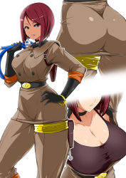 Rule 34 | 1girl, ass, belt, breasts, choker, hand on own hip, highres, leg strap, looking at viewer, military, military uniform, multiple views, okyou, shirt, short hair, snk, t-shirt, the king of fighters, thigh strap, uniform, whip, whip (kof), white background