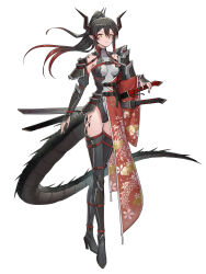 Rule 34 | 1girl, armor, back, bare shoulders, black hair, boots, breasts, character request, floral print, full body, gradient hair, horns, medium breasts, multicolored hair, mytea (soso), ponytail, red hair, scales, sword, tail, weapon, white background
