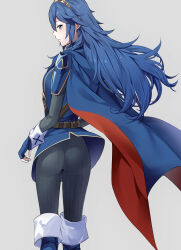 Rule 34 | 1girl, ameno (a meno0), armor, ass, belt, black pants, blue cape, blue eyes, blue footwear, blue gloves, blue hair, blush, boots, brown belt, cape, fingerless gloves, fire emblem, fire emblem awakening, floating hair, from behind, gloves, grey background, long hair, long sleeves, looking at viewer, lucina (fire emblem), nintendo, pants, pauldrons, profile, red cape, ribbed pants, shoulder armor, simple background, solo, tiara, two-tone cape