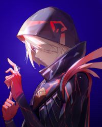Rule 34 | 1boy, absurdres, black coat, blue background, blue eyes, coat, colored skin, fate/grand order, fate (series), gloves, gradient background, hair over one eye, highres, hood, jnsi (xmcz7554), karna (fate), karna (santa) (fate), looking to the side, male focus, red gloves, short hair, solo, type-moon, upper body, white hair, white skin