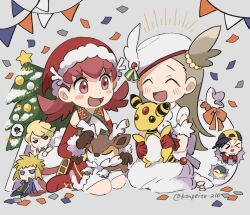 Rule 34 | 2girls, 3boys, :d, ^ ^, ampharos, bare shoulders, blush, boots, brown gloves, brown hair, chibi, christmas, christmas tree, closed eyes, commentary request, confetti, creatures (company), cyndaquil, detached sleeves, dress, ethan (pokemon), game freak, gen 2 pokemon, gen 5 pokemon, gloves, grey background, hat, holding, jasmine (holiday 2022) (pokemon), jasmine (pokemon), konpei (konpeito 210), long hair, multiple boys, multiple girls, nintendo, official alternate costume, one side up, open mouth, pokemon, pokemon dppt, pokemon hgss, pokemon masters ex, red dress, red footwear, red gloves, red headwear, santa hat, sawsbuck, siebold (holiday 2019) (pokemon), siebold (pokemon), sitting, smile, tongue, volkner (pokemon), white dress, white headwear, whitney (holiday 2022) (pokemon), whitney (pokemon)