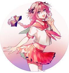 Rule 34 | 1boy, astolfo (fate), astolfo (sailor paladin) (fate), bad id, bad twitter id, blush, braid, fang, fate/apocrypha, fate/grand order, fate (series), hair ribbon, long hair, looking at viewer, male focus, neckerchief, official alternate costume, open mouth, pink hair, pleated skirt, purple eyes, ribbon, school uniform, serafuku, single braid, skirt, smile, solo, thighhighs, trap
