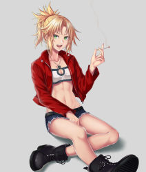 Rule 34 | 1girl, :d, bandeau, belt, between fingers, black belt, black footwear, black shorts, blonde hair, boots, braid, breasts, cigarette, cleavage, commentary request, cross-laced footwear, cutoffs, fate/apocrypha, fate (series), green eyes, grey background, highres, holding, holding cigarette, jacket, lace-up boots, long sleeves, looking at viewer, mordred (fate), mordred (fate/apocrypha), mordred (memories at trifas) (fate), navel, open clothes, open jacket, open mouth, parted bangs, ponytail, red jacket, sbean, shadow, shoe soles, short shorts, shorts, sidelocks, small breasts, smile, smoke, smoking, solo, teeth, upper teeth only, v-shaped eyebrows, white bandeau