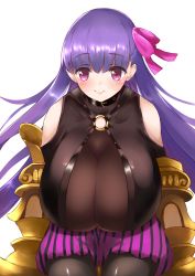 Rule 34 | 10s, 1girl, bare shoulders, blush, bow, breasts, claws, cleavage, detached sleeves, fate/extra, fate/extra ccc, fate/grand order, fate (series), hair bow, hair ribbon, huge breasts, kurokku, long hair, looking at viewer, o-ring, o-ring top, parted lips, passionlip (fate), purple eyes, purple hair, ribbon, see-through, simple background, sitting, skindentation, smile, upper body, very long hair, white background