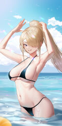 Rule 34 | 1girl, absurdres, armpits, arms up, asuna (blue archive), bikini, black bikini, blonde hair, blue archive, blue eyes, blurry, breasts, cloud, collarbone, cowboy shot, day, depth of field, grin, hair over one eye, high ponytail, highres, large breasts, live (mfwa7572), looking at viewer, mole, mole on breast, navel, ocean, outdoors, smile, solo, stomach, strap gap, sunlight, swimsuit, thighs, wading, water, wet