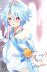 Rule 34 | 1girl, :o, azur lane, bare shoulders, blanc (neptunia), blue hair, blue ribbon, blush, collarbone, crown, dress, elbow gloves, frilled dress, frills, gloves, haru blanc0316, highres, holding hands, jewelry, looking at viewer, neptune (series), power symbol, power symbol-shaped pupils, red eyes, ribbon, ring, short hair with long locks, solo, solo focus, strapless, strapless dress, symbol-shaped pupils, white dress, white gloves, white heart (neptunia)