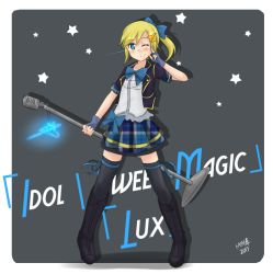 Rule 34 | 10s, 1girl, 2013, alternate costume, blonde hair, blue eyes, bookmarkahead, boots, bow, character name, dated, fingerless gloves, gloves, hair bow, hair ornament, idol, league of legends, lux (league of legends), microphone, microphone stand, plaid, plaid skirt, ponytail, ribbon, signature, skirt, smile, solo, star (symbol), thighhighs, wink