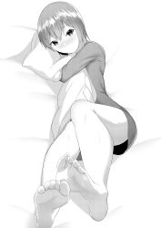 Rule 34 | 1girl, absurdres, barefoot, blush, feet, highres, looking at viewer, lying, medium hair, monochrome, hugging object, on side, pillow, pillow hug, soles, toes