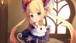 Rule 34 | 1girl, ame., blonde hair, blush, candle, commentary request, double bun, dress, finger to mouth, fire, green eyes, hair bun, highres, indoors, juliet sleeves, long hair, long sleeves, looking at viewer, luna (shadowverse), parted lips, puffy sleeves, purple dress, shadowverse, sleeves past wrists, solo, stuffed animal, stuffed dog, stuffed toy, twintails, very long hair, wall lamp, window
