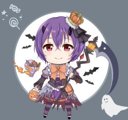 Rule 34 | 1girl, 319thie, bat (animal), chibi, closed mouth, crossed bangs, crown, hair between eyes, halloween, highres, looking at viewer, mole, mole under eye, pantyhose, princess connect!, pumpkin, purple hair, scythe, shinobu (halloween) (princess connect!), shinobu (princess connect!), simple background, smile, striped clothes, striped pantyhose, torn clothes