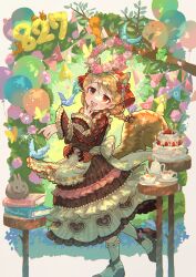 Rule 34 | 1girl, absurdres, animal ears, apron, balloon, bird, blonde hair, blush, book, bow, brown dress, cake, candle, commentary request, cup, dress, flower wreath, food, food print, frilled apron, frilled dress, frilled sleeves, frills, full body, highres, idolmaster, idolmaster cinderella girls, long hair, long sleeves, looking at viewer, morikubo nono, official alternate costume, pennant, rabbit ears, red bow, red eyes, smile, solo, squirrel, standing, standing on one leg, strawberry print, string of flags, tail, teacup, teapot, white apron, yukinuno