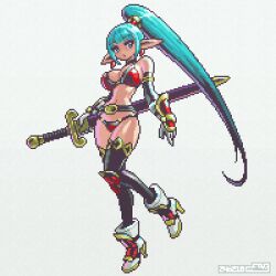 Rule 34 | 1girl, aqua hair, belt, bikini, boots, breasts, earrings, full body, gloves, high heel boots, high heels, high ponytail, holding, holding sword, holding weapon, jewelry, large breasts, long hair, mabius, navel, original, pixel art, pointy ears, purple eyes, red bikini, simple background, solo, swimsuit, sword, thighhighs, very long hair, weapon