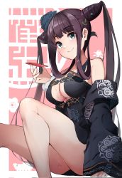 Rule 34 | 1girl, alcohol, breasts, brown hair, chinese clothes, cleavage, commentary request, fate/grand order, fate (series), green eyes, hair ornament, highres, large breasts, long hair, looking at viewer, sake, sezok, sitting, smile, thighs, twintails, yang guifei (fate), yang guifei (tour outfit) (fate)