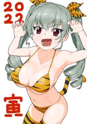 Rule 34 | 1girl, 2022, alternate costume, anchovy (girls und panzer), animal print, bikini, breasts, chinese zodiac, claw pose, cleavage, commentary, cowboy shot, drill hair, fake tail, girls und panzer, green hair, hair ribbon, halterneck, kanji, long hair, looking at viewer, medium breasts, momozono, new year, open mouth, orange bikini, orange ribbon, orange thighhighs, print bikini, print ribbon, print thighhighs, red eyes, ribbon, simple background, smile, solo, standing, string bikini, swimsuit, tail, thighhighs, tiger print, tiger tail, translated, twin drills, twintails, white background, year of the tiger