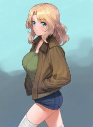 Rule 34 | 1girl, a1 (initial-g), blonde hair, blue eyes, blush, breasts, closed mouth, cowboy shot, denim, denim shorts, girls und panzer, green shirt, hair intakes, hands in pockets, jacket, kay (girls und panzer), large breasts, light smile, long hair, looking at viewer, open clothes, open jacket, parted hair, raised eyebrows, shirt, short shorts, shorts, smile, solo, thighhighs, wavy hair, white thighhighs