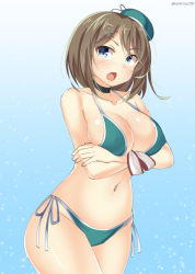 Rule 34 | 10s, 1girl, adapted costume, bad id, bad pixiv id, beret, bikini, blue eyes, blush, breast hold, breasts, brown hair, cleavage, covered erect nipples, crossed arms, hair ornament, hat, kankitsunabe (citrus), kantai collection, large breasts, looking at viewer, maya (kancolle), maya kai ni (kancolle), navel, open mouth, short hair, side-tie bikini bottom, solo, standing, swimsuit, twitter username, x hair ornament